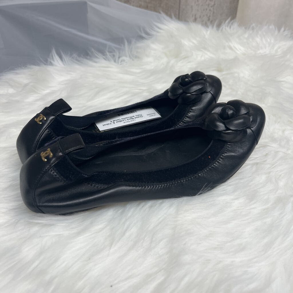 Chanel Black Leather & Velvet Flats w/Rosette Detail