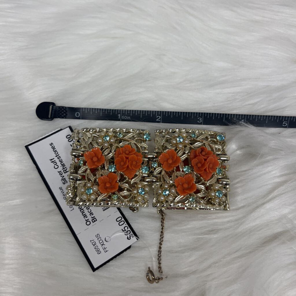 Orange Floral & Silver Cuff Bracelet Baby Blue Rhinestones & Pearls