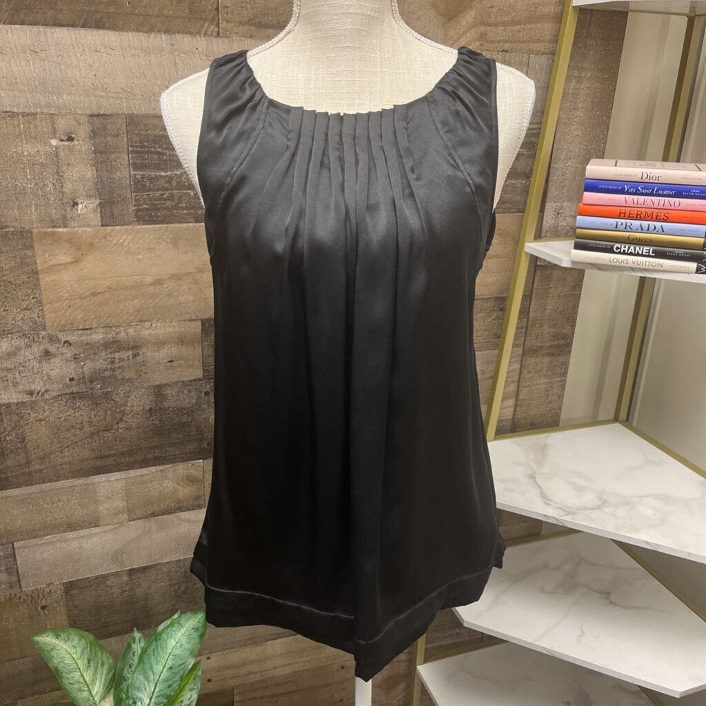 BCBGMaxazria Silk Black Sleeveless Blouse Pleated Front
