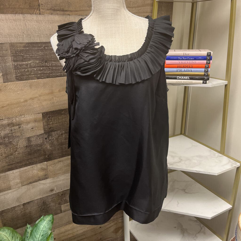 J Crew Black Silk Sleeveless Ruffle & Flower Detailed Neck