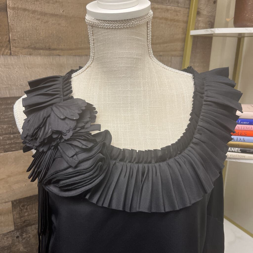 J Crew Black Silk Sleeveless Ruffle & Flower Detailed Neck