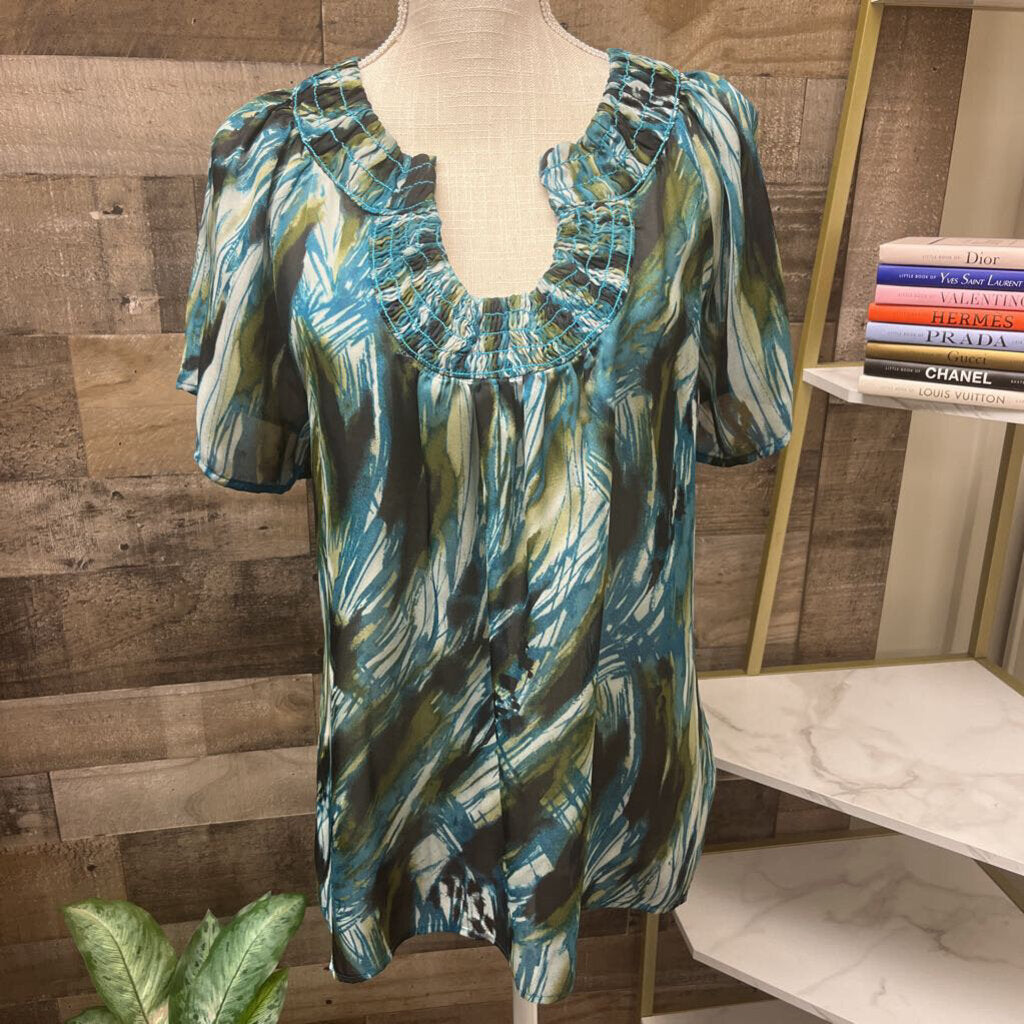 NWT Violet & Claire Black, Aqua Green Multi Short Sleeve Blouse
