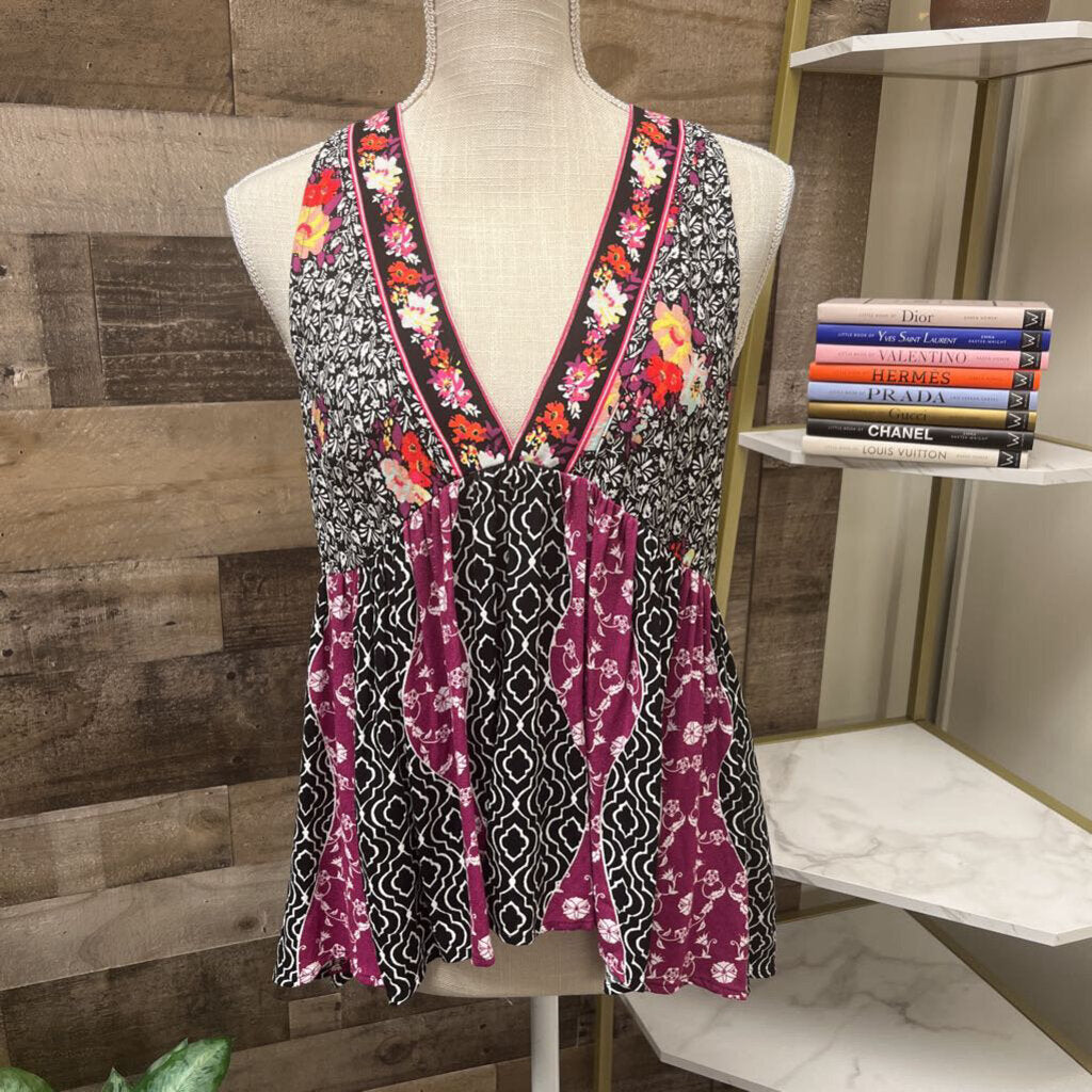 Free People Black Floral Pattern V-Neck Halter