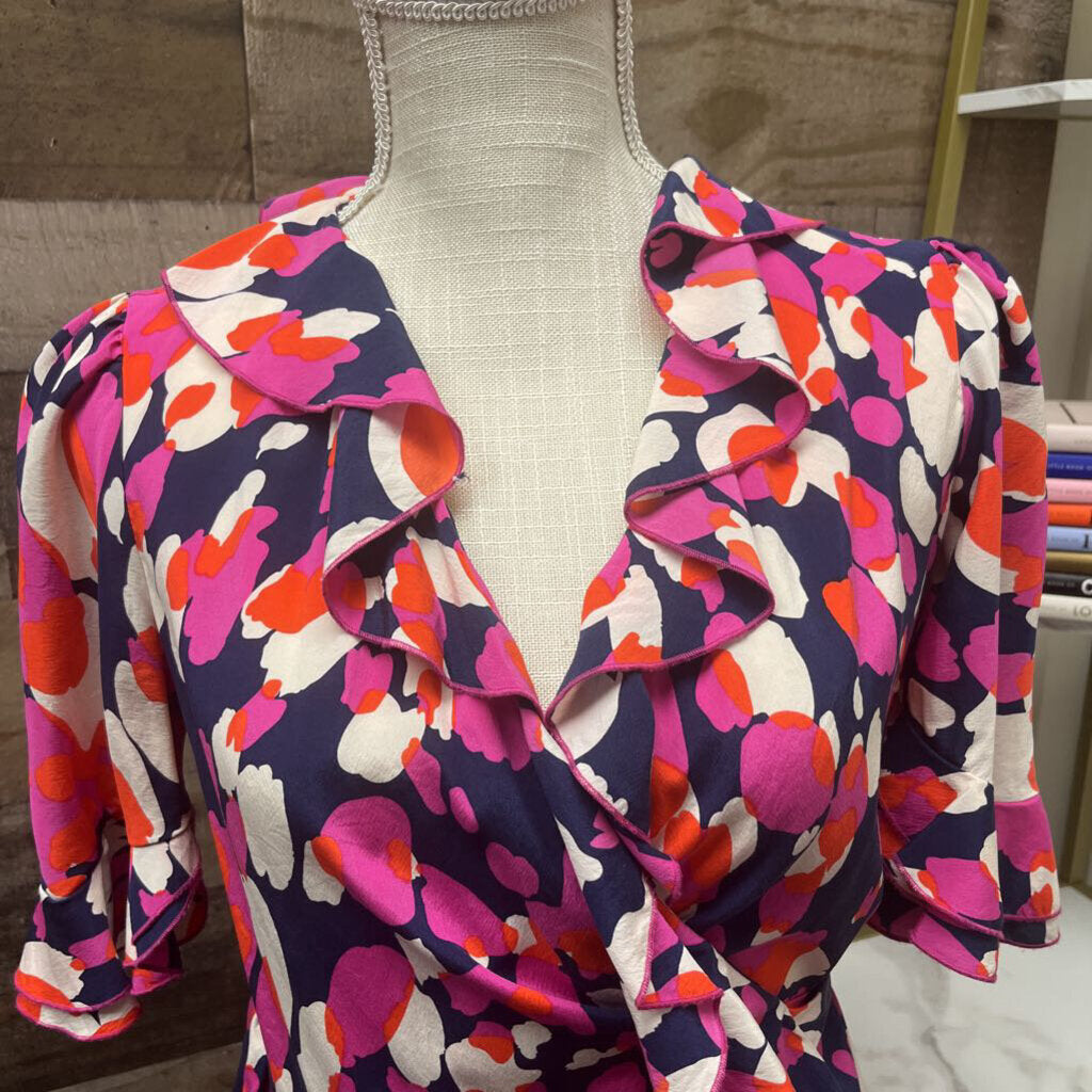 DVF Multi Color Silk Wrap Short Sleeve Blouse