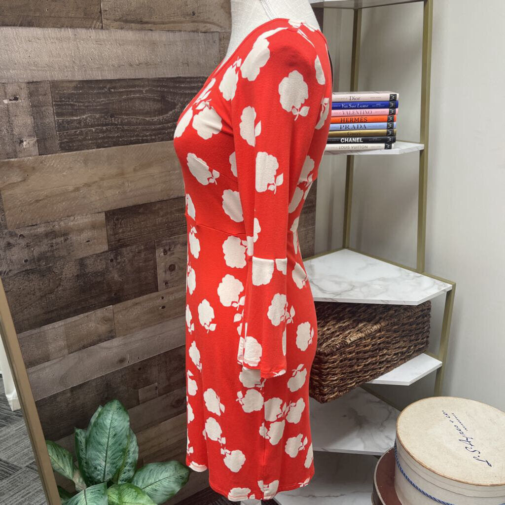 Boden Orange Dress w/White Flowers 3/4 Bell Sleeve