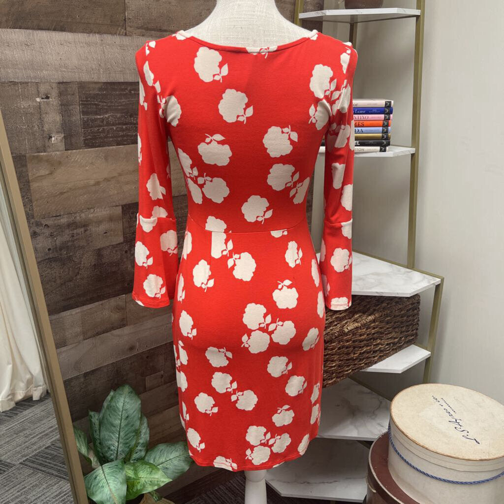 Boden Orange Dress w/White Flowers 3/4 Bell Sleeve