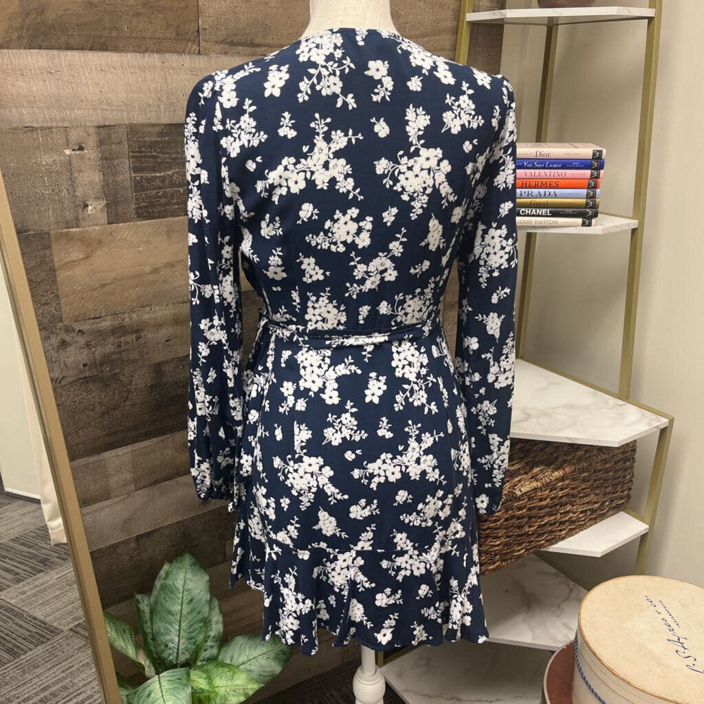 Blue Rain Navy Wrap Mini Dress w/White Flowers