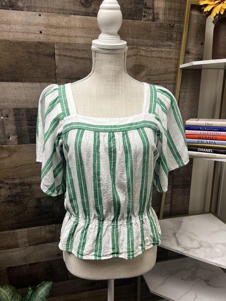 Ann Taylor Green & White Striped Short Sleeve