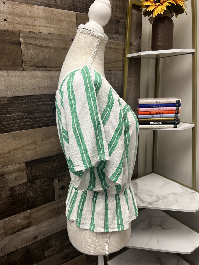 Ann Taylor Green & White Striped Short Sleeve
