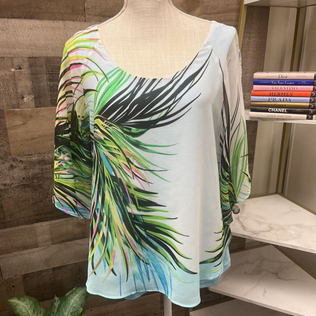 Rafaella Palm Leaf White & Blue Poncho