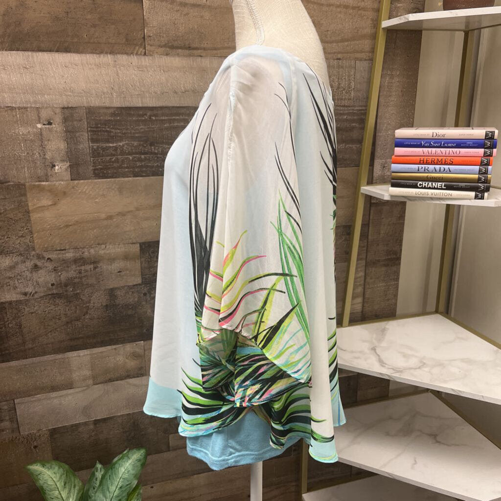 Rafaella Palm Leaf White & Blue Poncho
