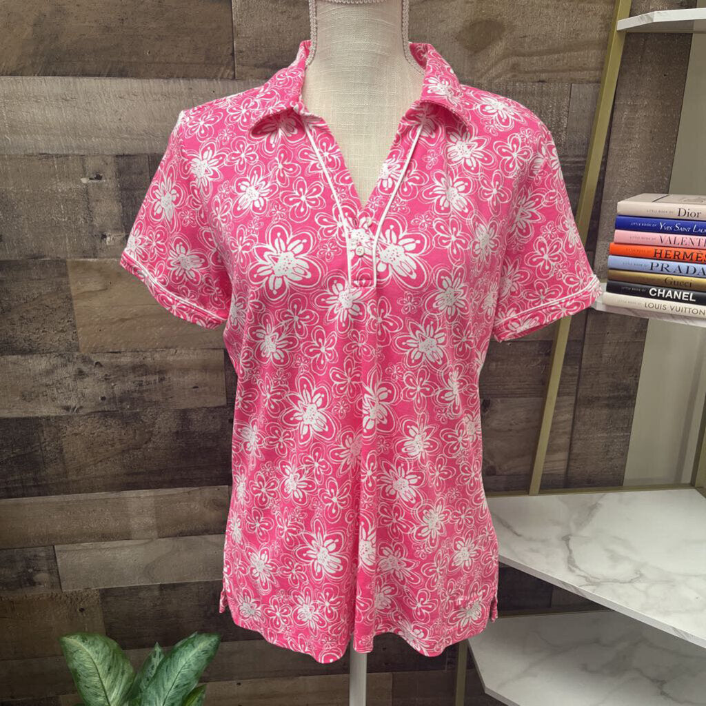 Lady Hagen Pink Flower Pattern Golf Polo