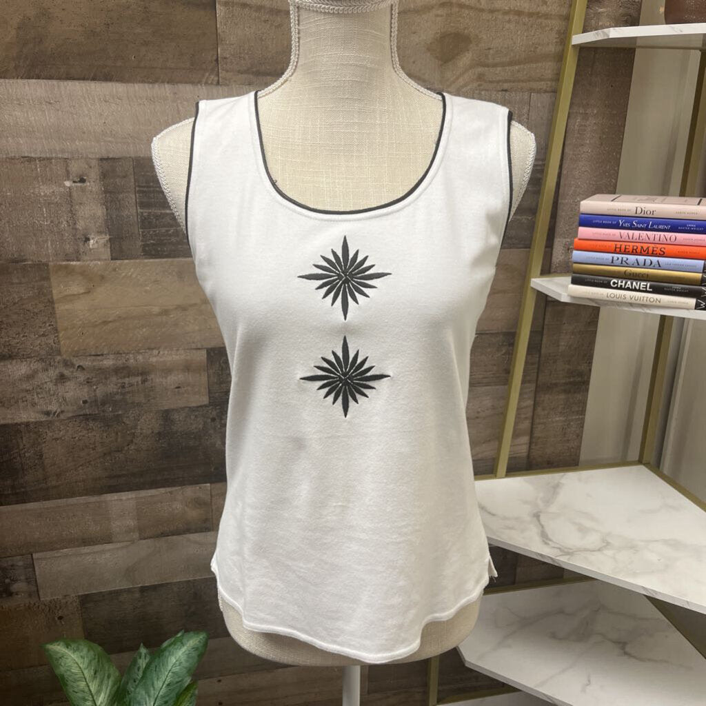 Ann Trinity White Tank w/Black Embroidered Flowers