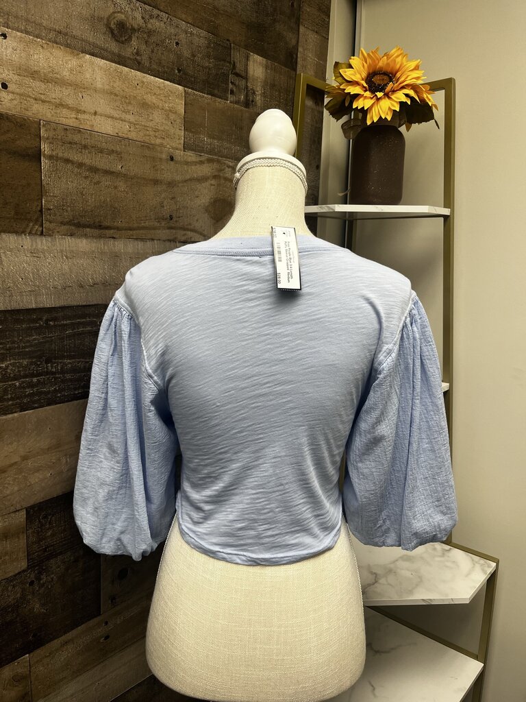Free People Blue 3/4 Length Puffy Sleeve Cropped