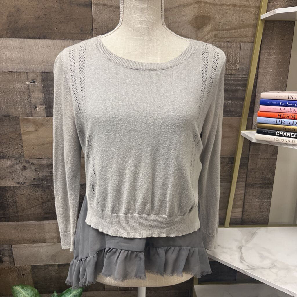 Anthro Yellow Bird Gray Sweater w/Ruffled Hem