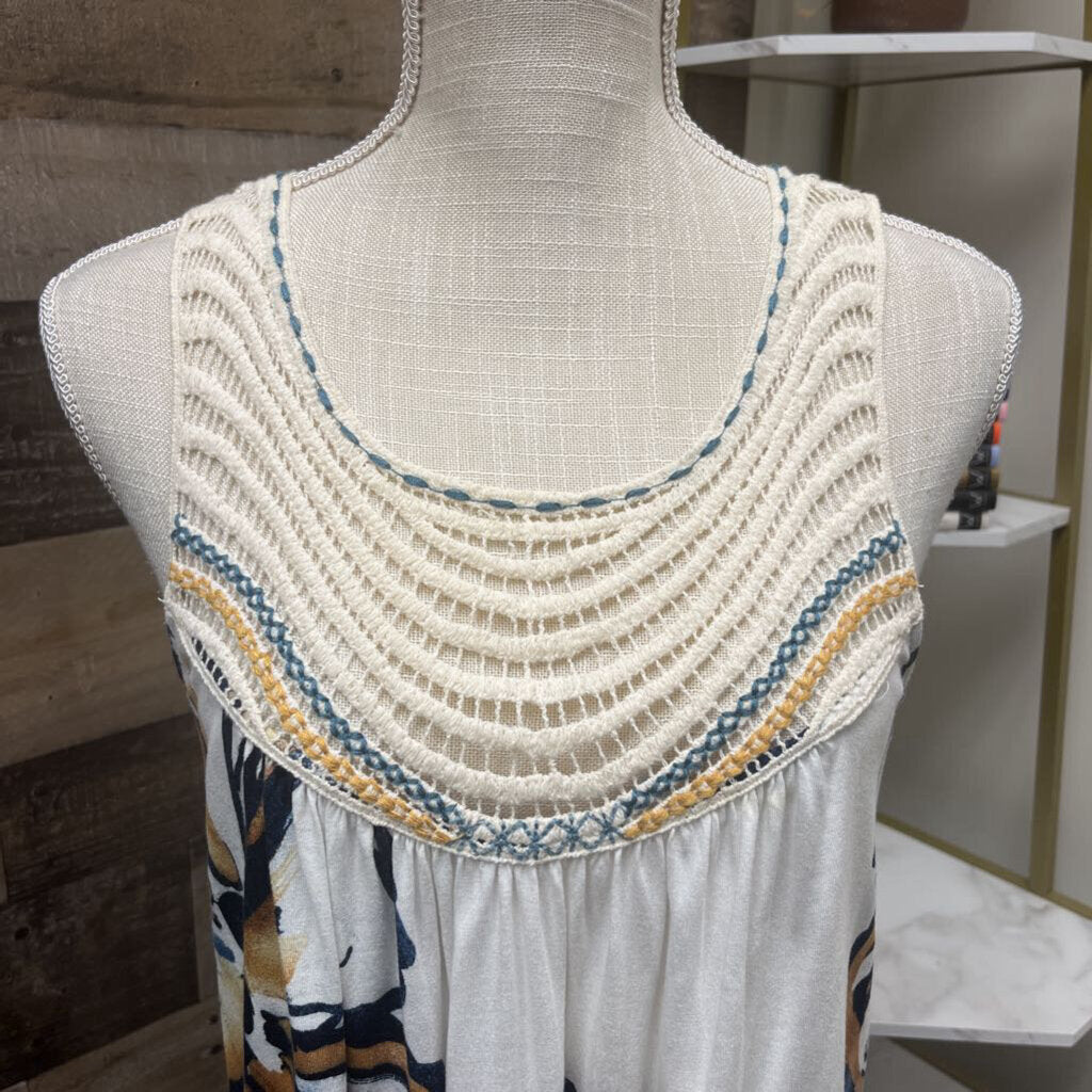 Anthro One Sept Crochet Neckline Navy & Cream Tank
