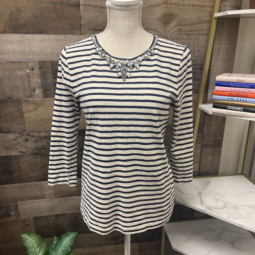 J Crew Navy & White Striped Jewel Neck