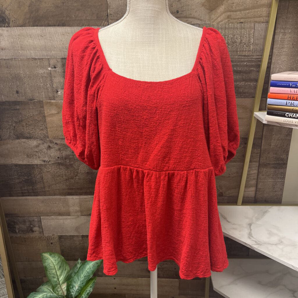 Madewell Puff Sleeve Peplum Babydoll Red Top