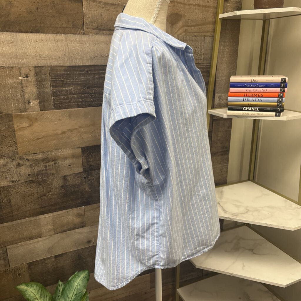 Ann Taylor Short Sleeve White & Blue Striped Button Up Shirt