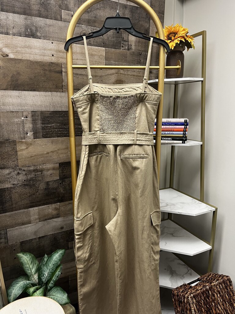 GAP Strapless Tan Cargo Pocket Tie Waist Jumpsuit