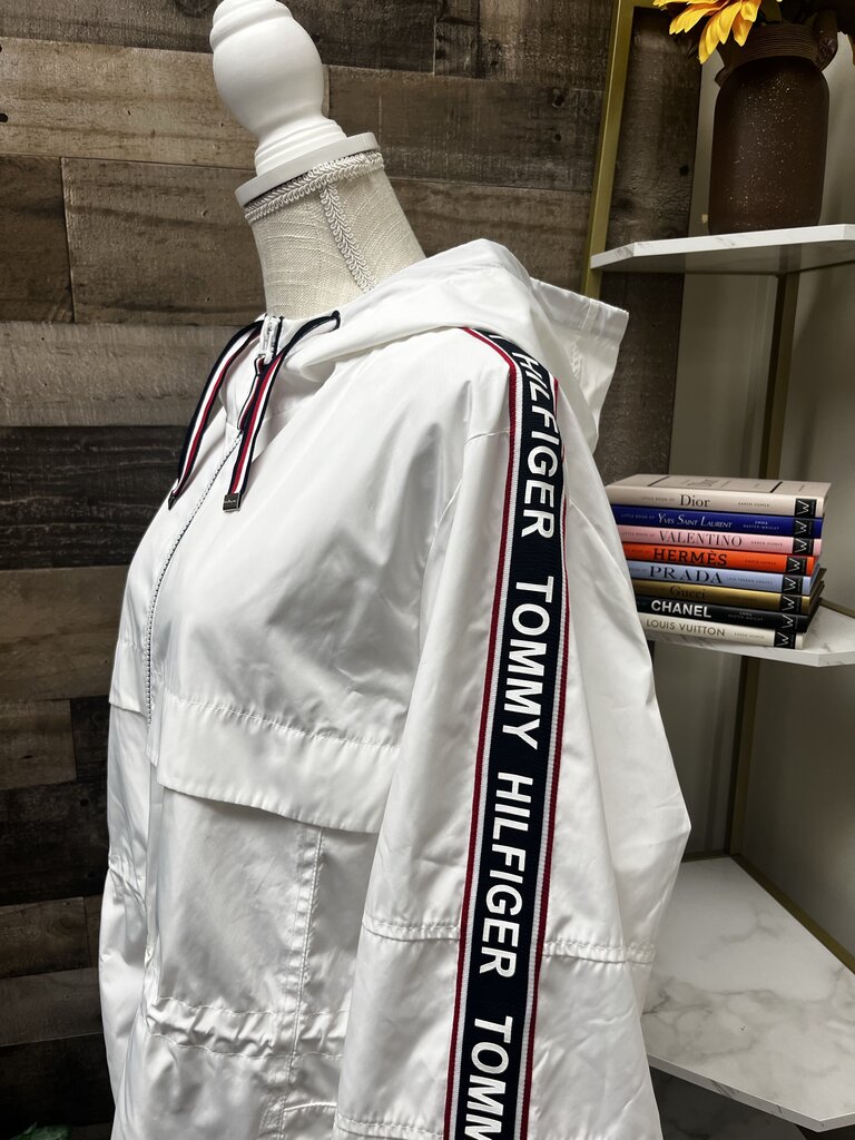 Tommy Hilfiger White Logo Windbreaker Hooded Coat