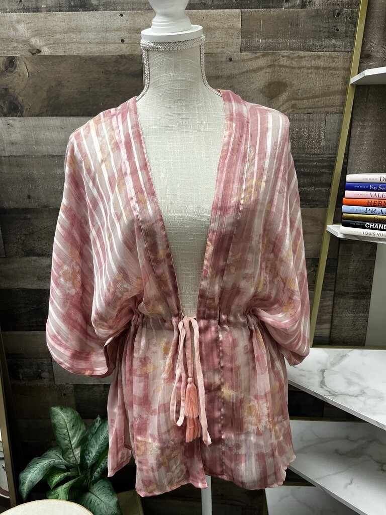Sheer Rose/Pink Striped Cinch Waist Blouse