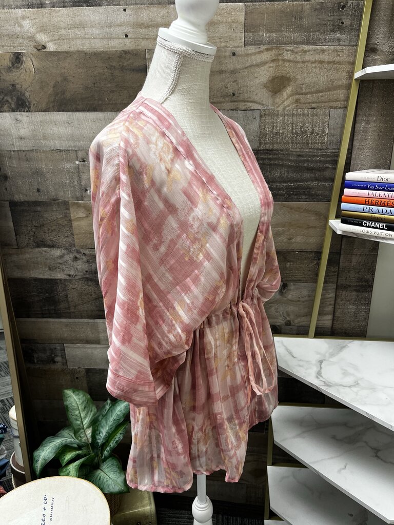 Sheer Rose/Pink Striped Cinch Waist Blouse