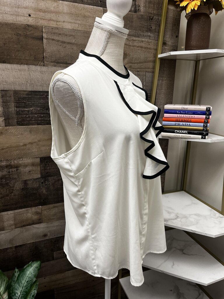 Calvin Klein White/Black Sleeveless Piped-Ruffle Blouse