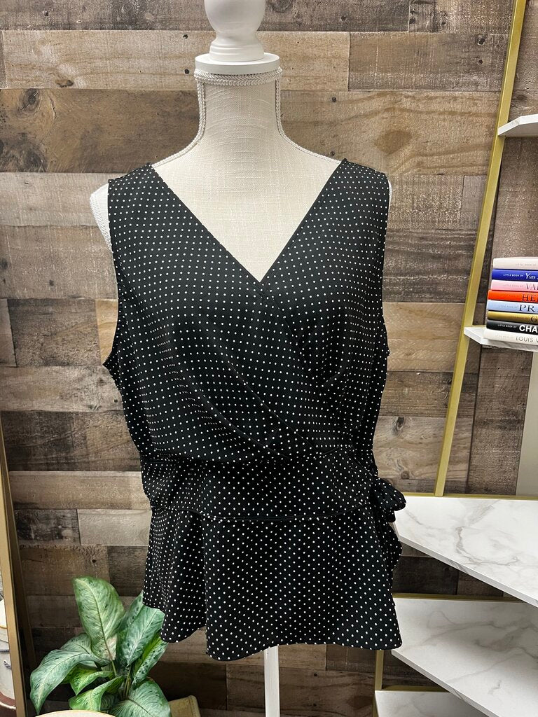 Covington Black/Creme V Neck Tie Waist Sleeveless Blouse