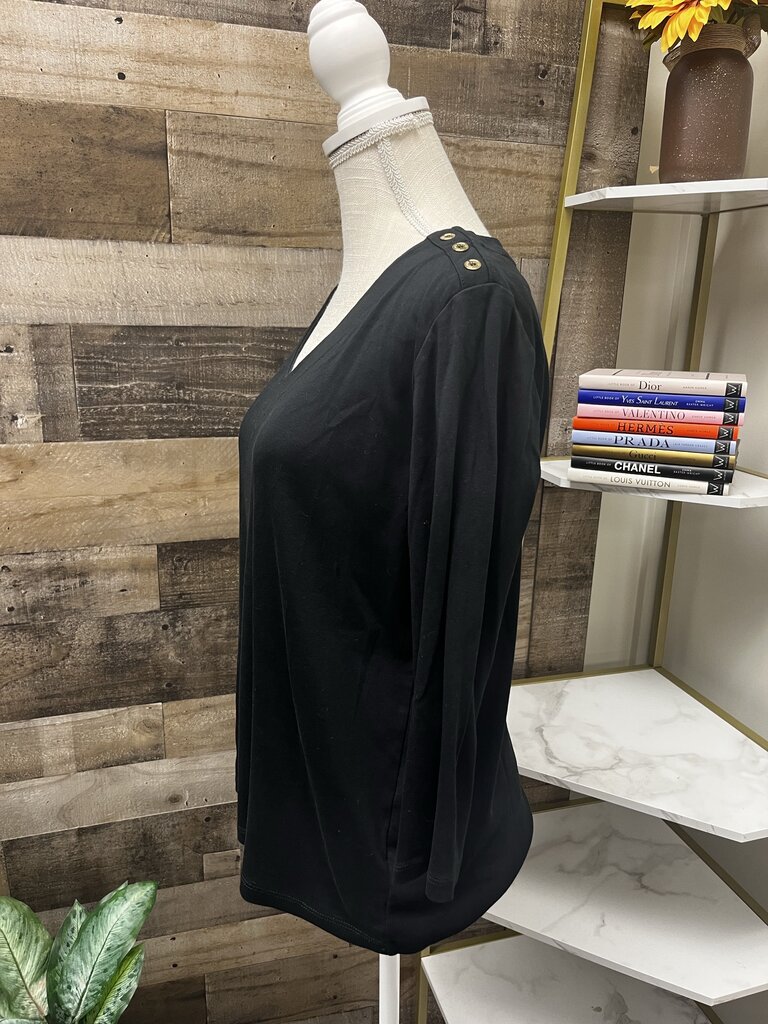 Jones New York Black V Neck 3/4 Sleeve Blouse w/ Gold Shoulder Buttons