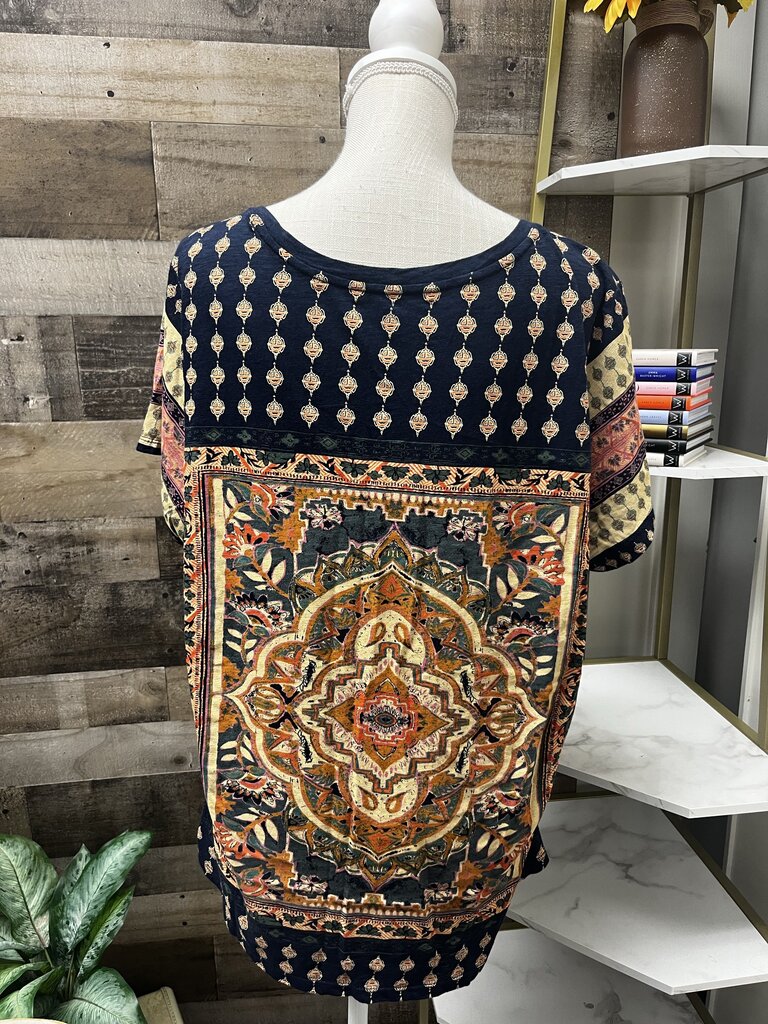 Lucky Brand Persian Carpet Tee Graphic Navy Gold Peach Knit Top