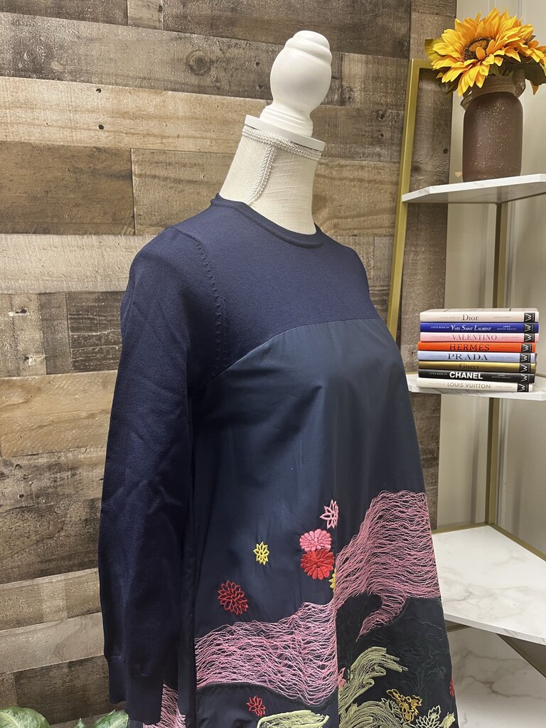 NWT Sicheng Lisha Navy Blue Long Sleeve Embroidered Midi Dress