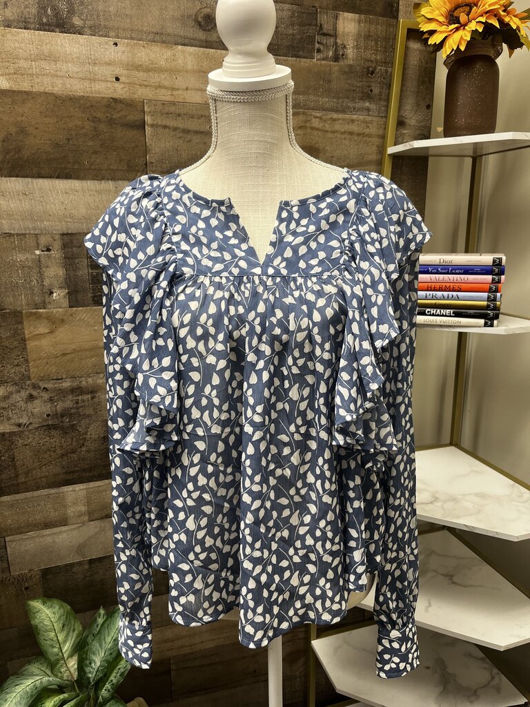 GAP Blue Floral Print Cascade Ruffle Blouse