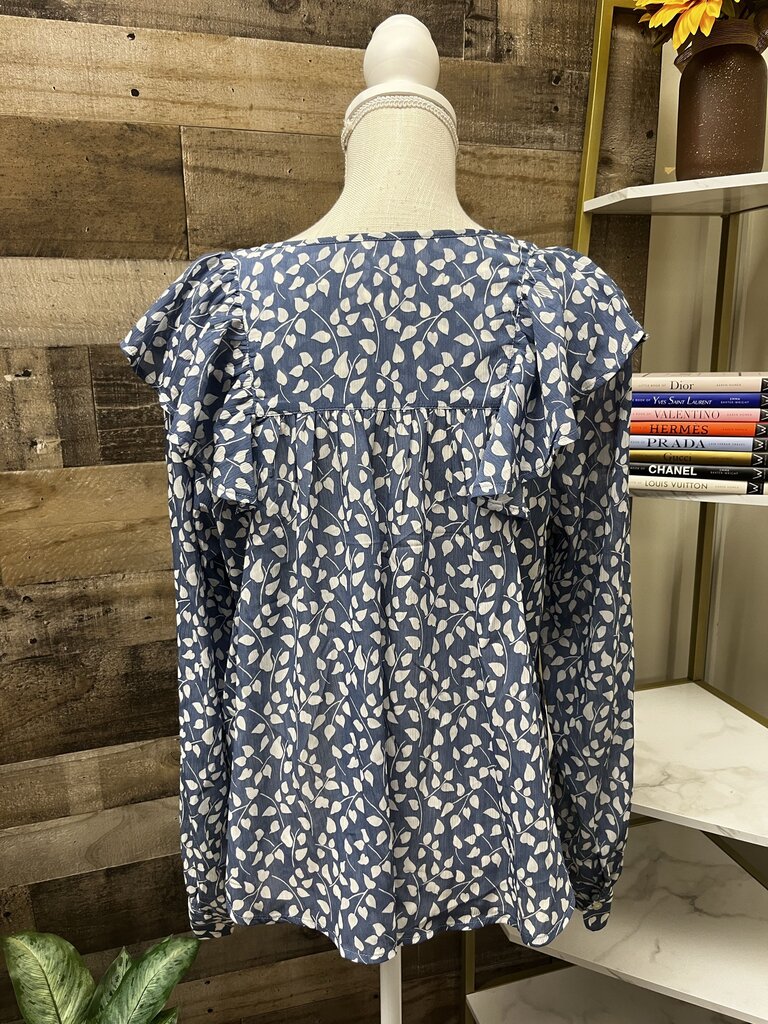 GAP Blue Floral Print Cascade Ruffle Blouse
