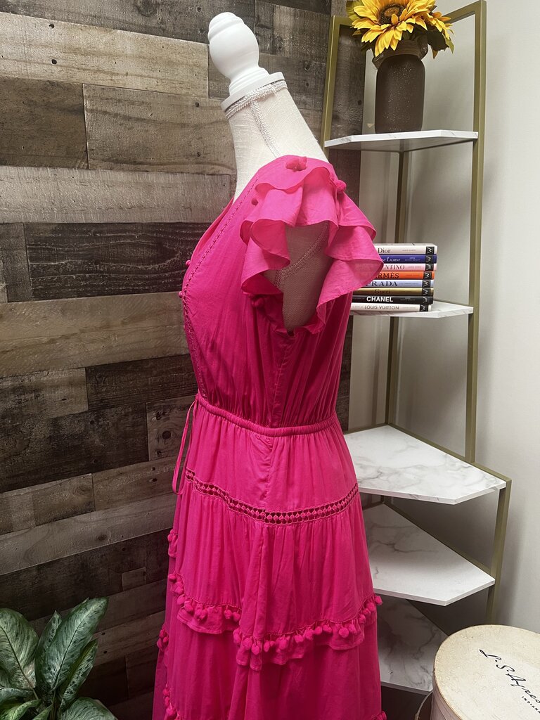 J. Crew Pink Tiered Pom Pom Midi Dress