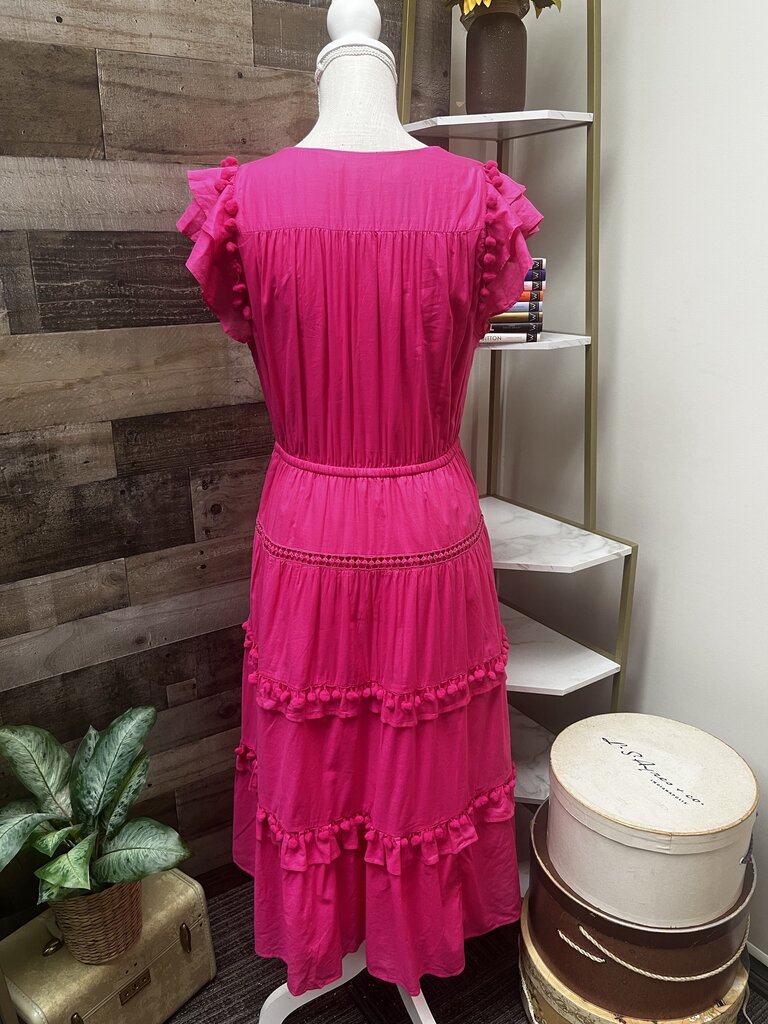 J. Crew Pink Tiered Pom Pom Midi Dress